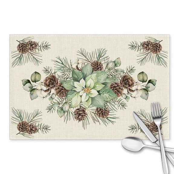 Pine Branch Ornament Merry Christmas Placemats Set of 4, 12x18 Inch Seasonal Winter Table Mats for Party Kitchen Dining Decoration