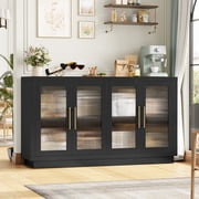 Homfa 55.1W Modern Sideboard Buffet with Fluted Glass Doors, Accent Cabinet Console Table TV Stand, Black