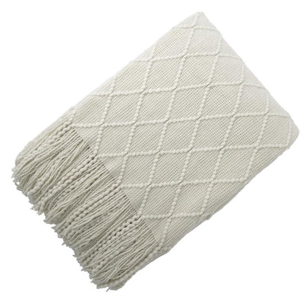 Manta de tiro de punto suave con borla, mantón de siesta de oficina, funda decorativa para sofá, cama, sofá, para viajes, beige, blanco Eigraketly LF000012-03B