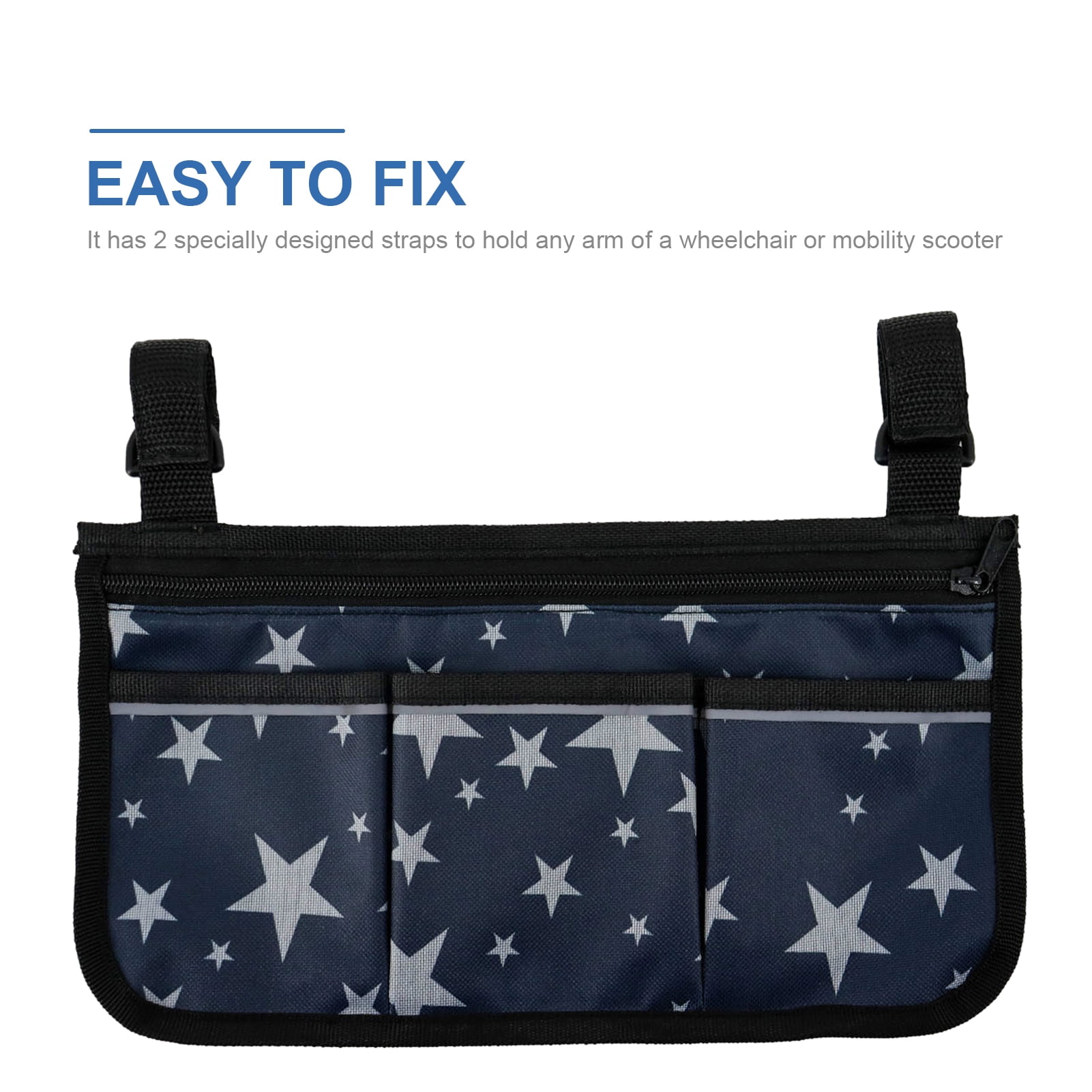 Beige Star Pattern Wheelchair Organizer Bag, 12.99 x 7.08 in / 33 x 18 cm Side Armrest Storage Pocket Pouch with Large Compartment and Reflective Strips for Mobility Scooters