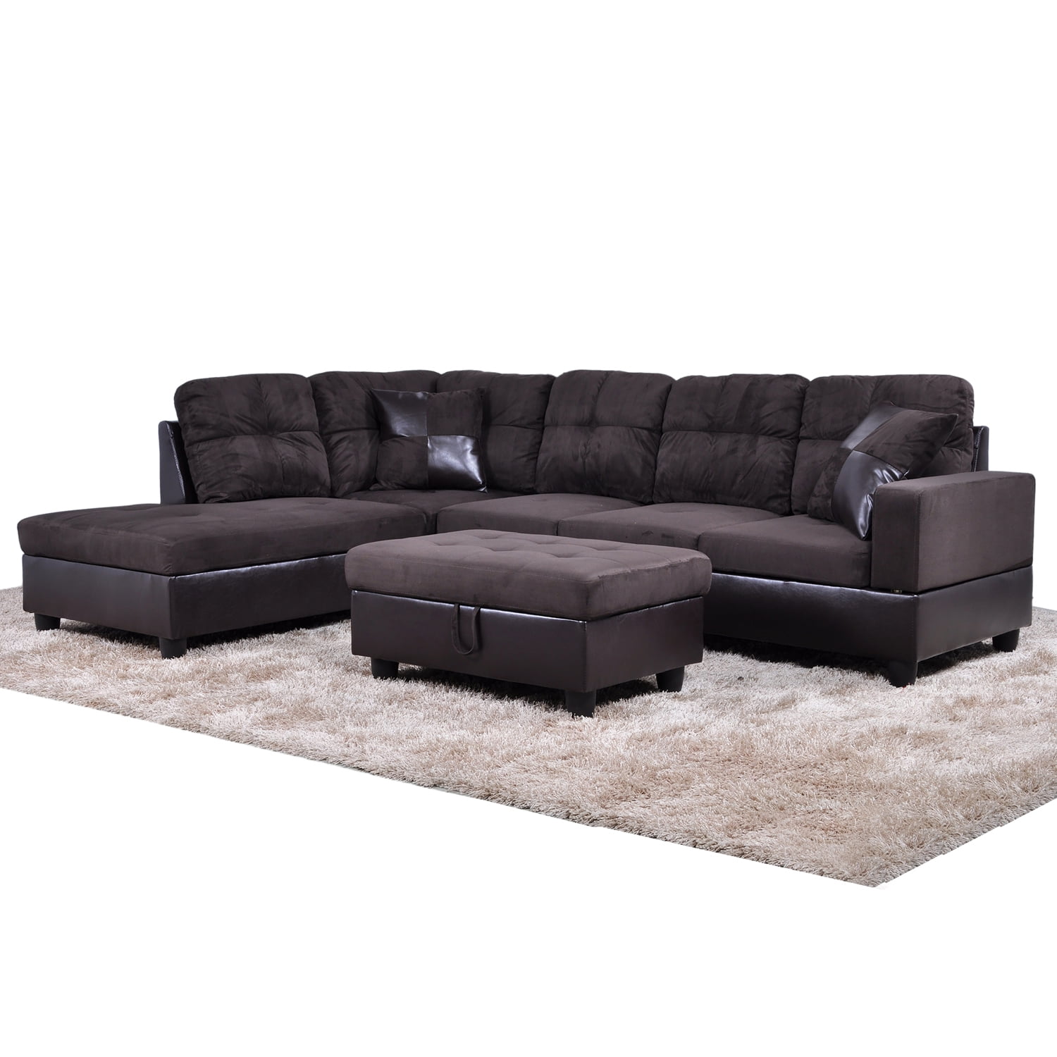 Hommoo Modern Flannel and PVC Sectional Couches and Sofas Set,L Shaped Couch Living Room Furniture Sets, Left Side, No Ottoman, Dark Brown