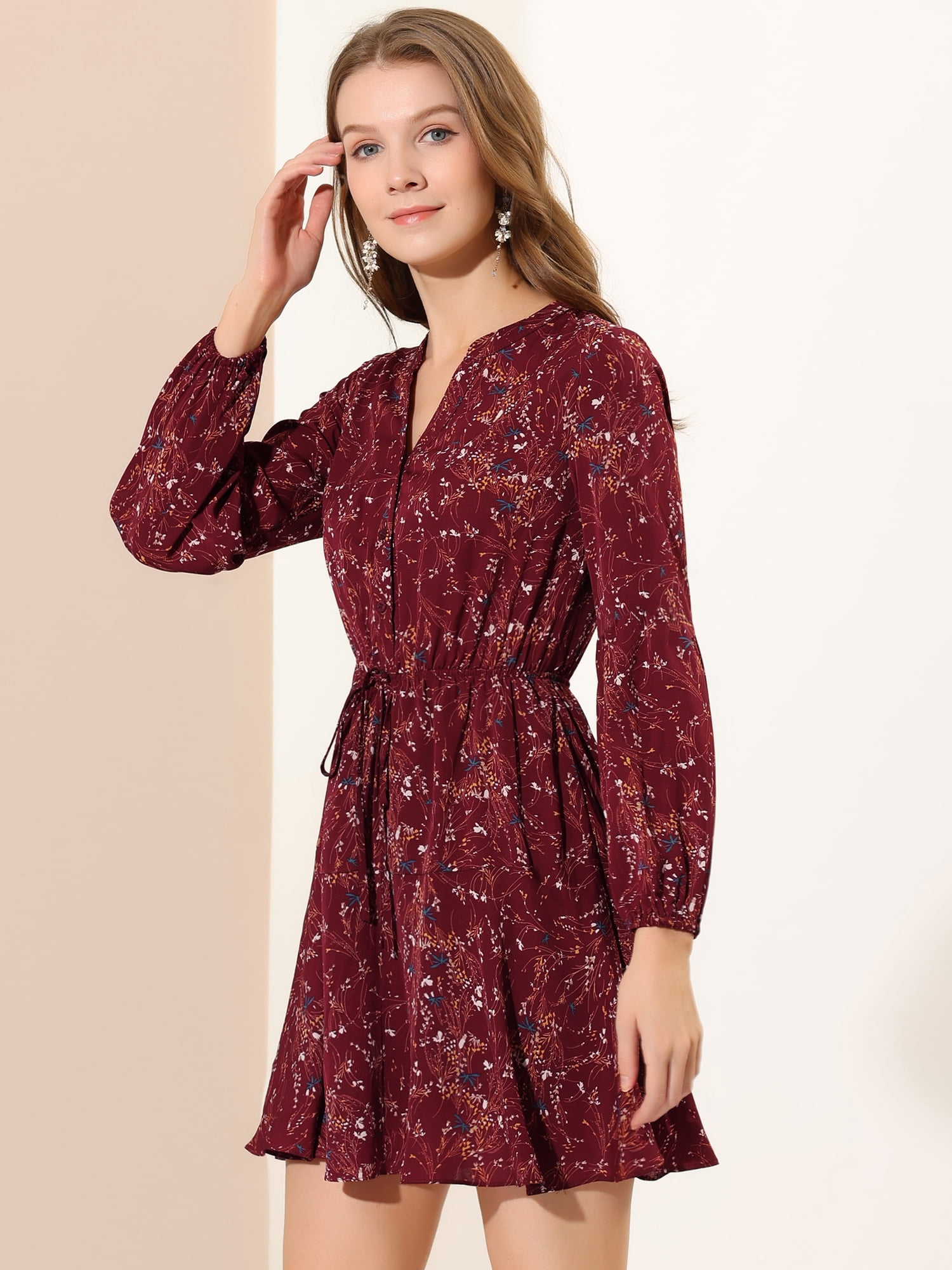 DARING DIVA V Neck Floral Print Elastic Waist Button Down Mini Dress L Burgundy