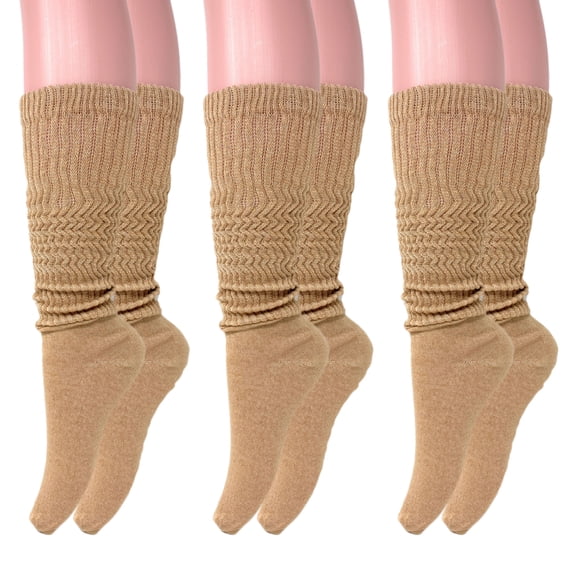 Long Cotton Lightweight Slouch Socks 3 PAIRS Beige Boot Socks Size 9-11
