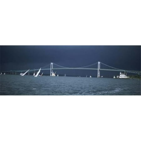 Narragansett Bay Rhode Island - Storm approaches sailboats racing past Rose Island lighthouse and Newport Bridge in Narragansett Bay Newport Rhode Island USA Poster Print by - 36 x 12