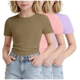 thumbnail image 4 of SGFCWSX Girls T Shirt 3 Pack Ribbed Knit Short Sleeve Crew Neck Slim Fit Cropped Casual Soft Basic Kids Daily Wear Tee Tops Khaki Size 7/8, 4 of 5