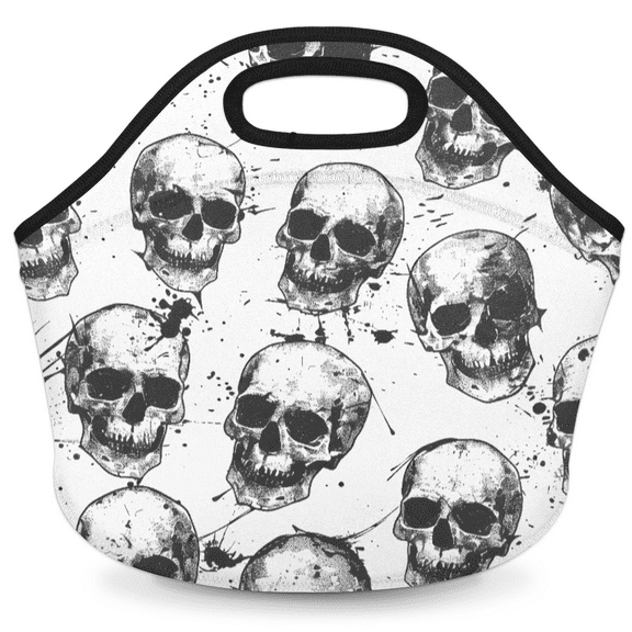 Herdesigns Sugar Skeleton Black White Skull Insulated Neoprene Lunch Bag for Women Men Lunch Box Washable Reusable Lunch Tote Lightweight Lunch Handbag for Work Outdoor Picnic