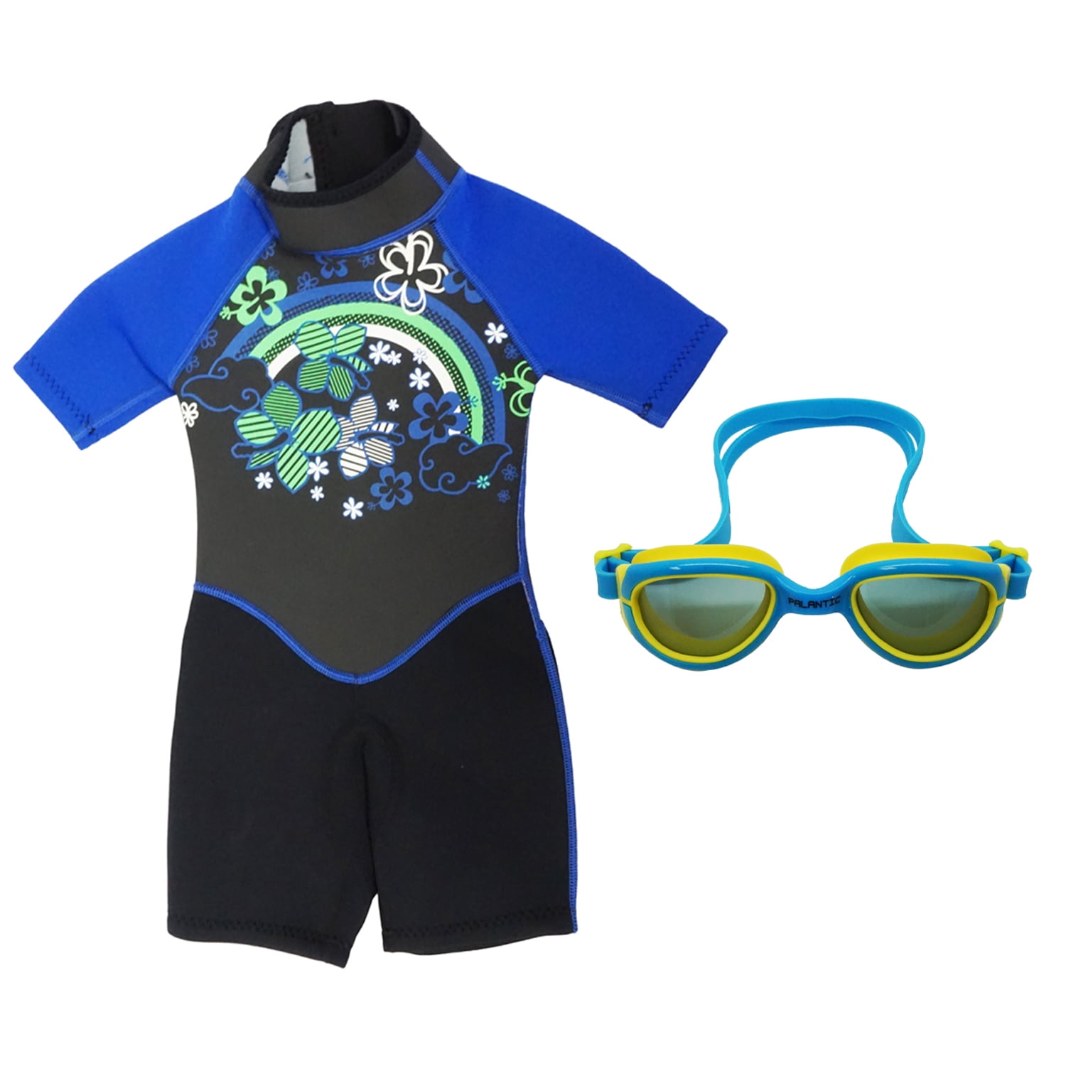 Kiddi Choice Kids 2.5mm Neopreme Short Sleeve Wetsuit Black Blue w Swim Goggles Blue Yellow, 2 by Scuba Choice