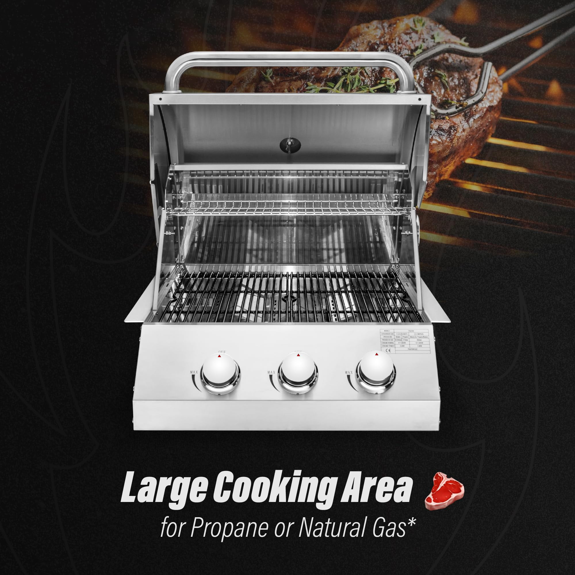 Chaleur Grill Outdoor 23 in 3-Burner Built-in Natural Gas Grill, 30000 BTU, Stainless Steel