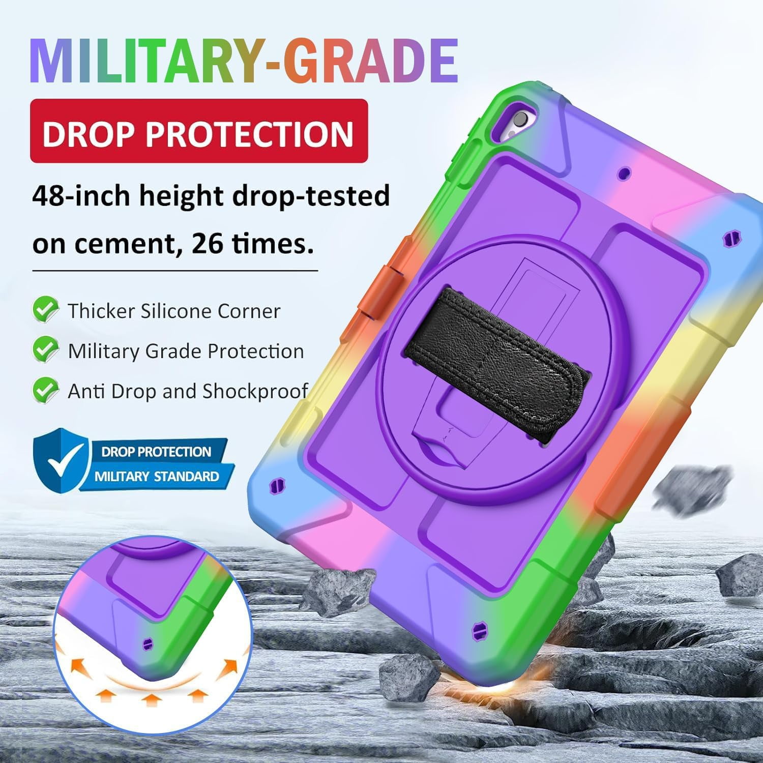 SUPNICE Rugged Case for iPad 9.7 Inch 2018/2017, 3 Layer Hybrid Shockproof [360 Rotating Stand] [Hand Strap] [Pencil Holder] Kids Case, iPad 6th Generation Case, iPad 5th Generation Case, Purple