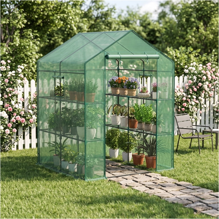 JIOABL 3-Tier Walk-In Greenhouse with PE Cover, Roll-Up Zipper