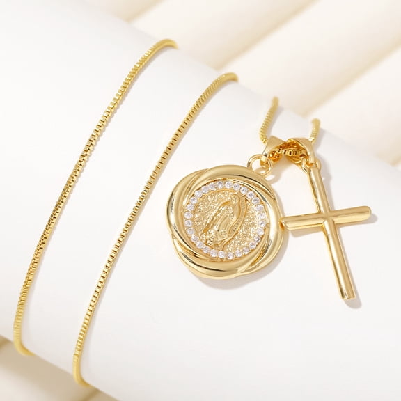 14K White Gold Virgin Mary with Zirconia Cross Pendant Necklaecs, Women's Necklace Religious Amulet Gifts