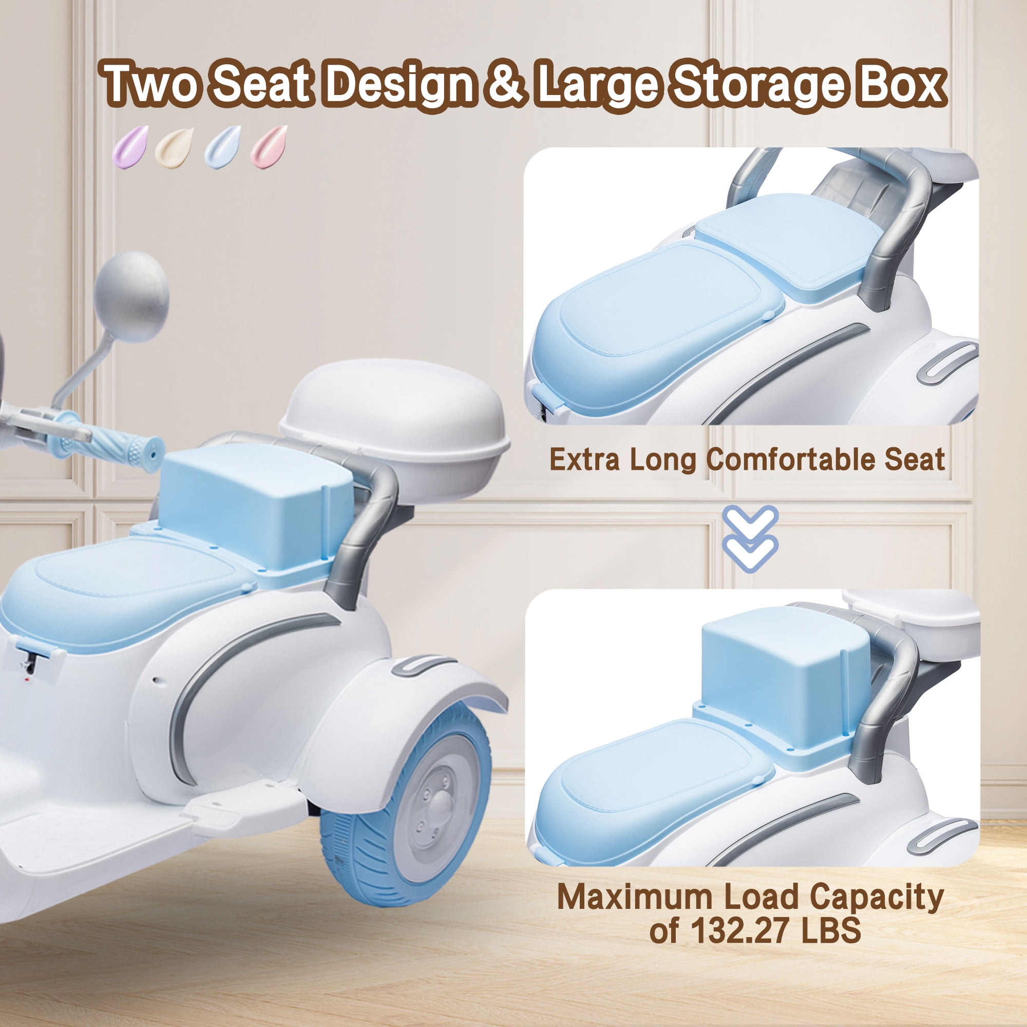 Xuanlur 12V Kids Electric Motorcycle, 3 Wheel 2 Seater Ride on Motorcycle w/Remote Control, 25W*2 Motors Electric Motorcycle w/Big Storage Box, Music, Horn, Light, Ride on Toys for Kids 3-8, Blue