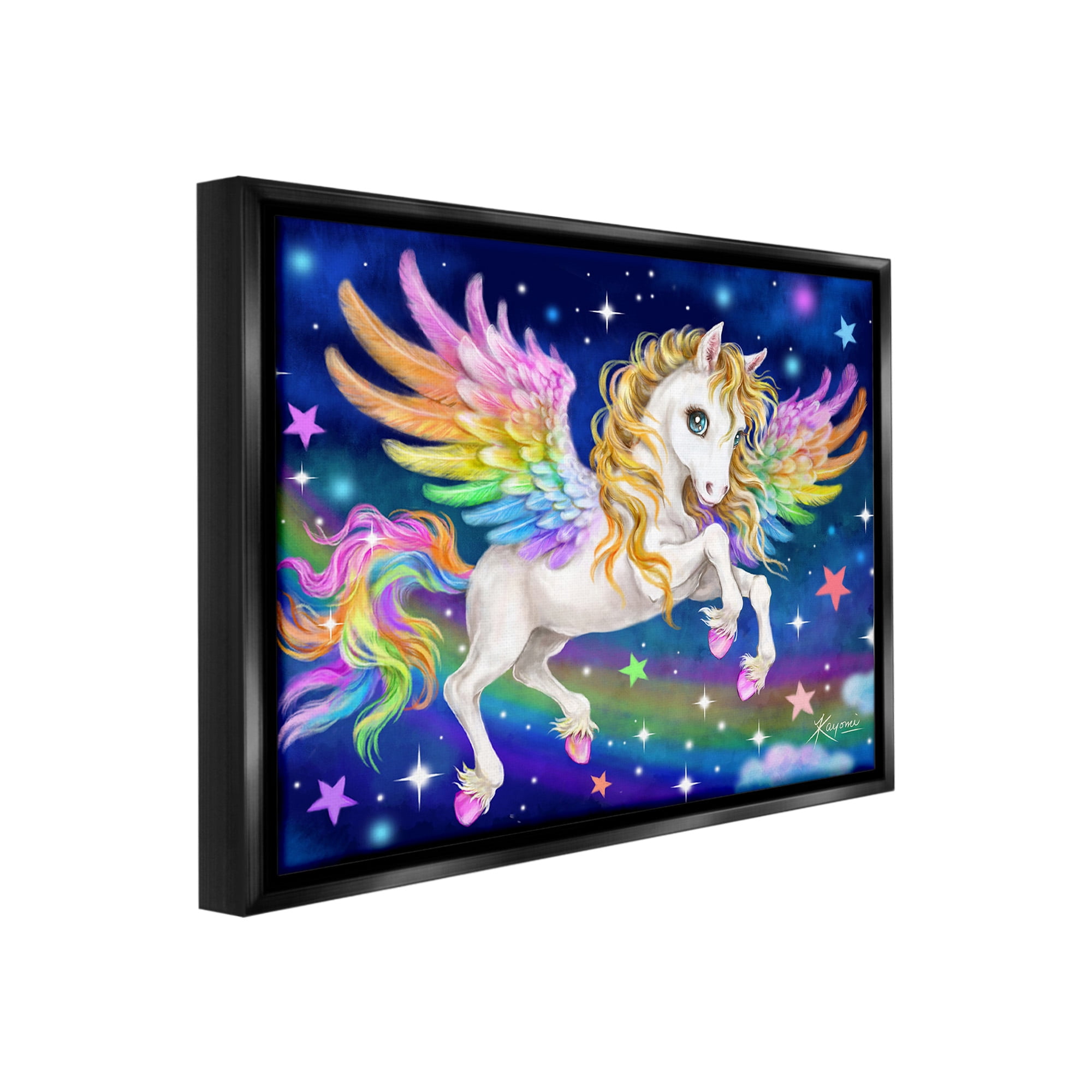 Stupell Industries Rainbow Unicorn in Space Fairy Tales & Fantasy Painting Black Floater Framed Canvas Art Print Wall Art, 31 x 25