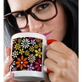 thumbnail image 2 of 3dRose, Retro Flower Pattern - White Yellow and Orange Daisy Flowers on Black - 60s 70s hippy hippie daisies, 11oz Two-Tone Red Mug, 2 of 7