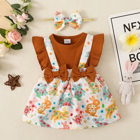 

2Pcs Newborn Baby Girls Easter Outfits My First Easter Romper Bodysuit Ruffle Bunny Shorts Headband Easter Playsuit