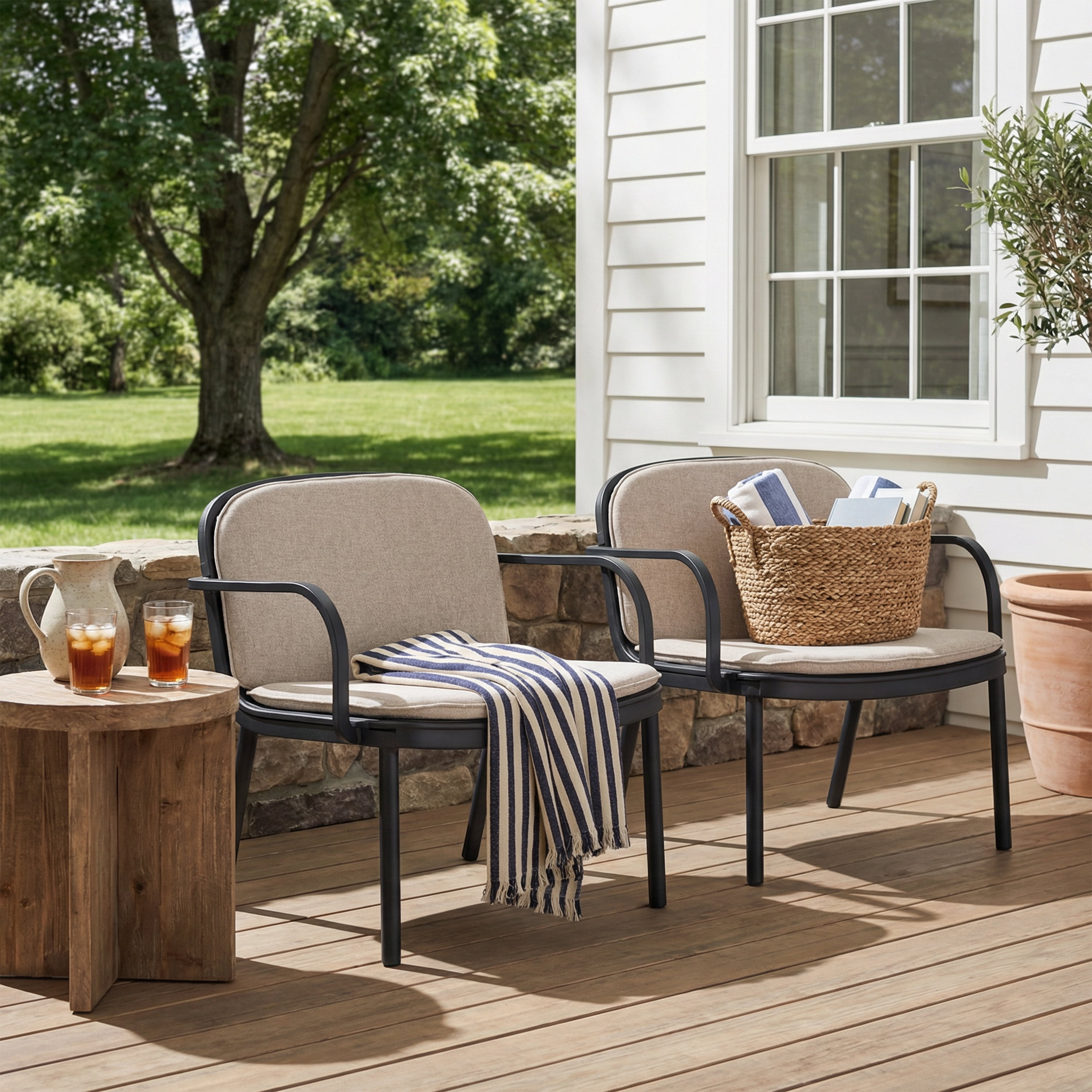 Outdoor Patio Cushioned Chairs Set of 2,All-Weather Club Chair Deep Seat Lounge Armchairs for Garden,Backyard,Black