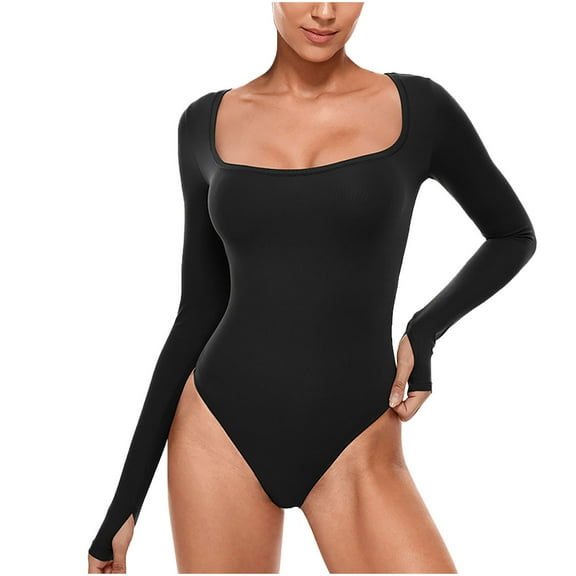 hotojiny Bodysuits for Women Stretchy Long Sleeve Square Collar Slim One-Piece Outfits Casual Bodycon Going out Romper with Thumb Hole