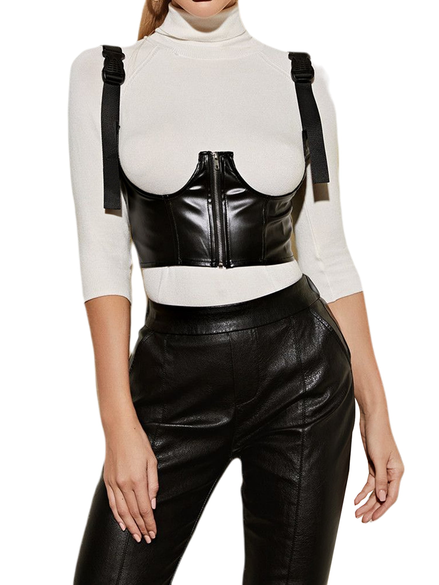 Women PU Leather Underbust Corset Fashion Control Tummy Waist Trainer Top Zipper Lace-Up Wrap Bustier Belt Shapewear