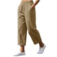 thumbnail image 2 of Usloyux Women's Straight Leg Capri Pants Elastic Waist with Pockets Casual Loose Fit Trousers for Summer Beach Party Bottoms, Khaki L, 2 of 8