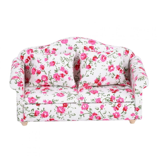 BR Accesorios para casa de muñecas Patrón de flores Mini muebles Sofá doble para muñeca escala 1/12 (#2)