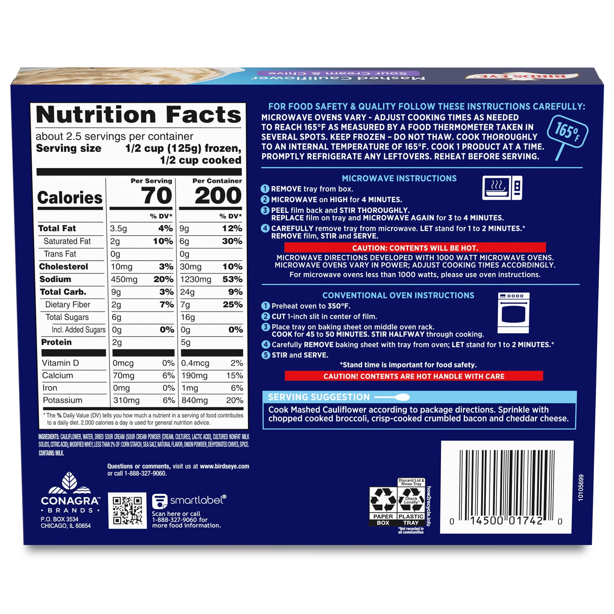 Birds Eye Sour Cream & Chives Mashed Cauliflower, Frozen Sides, 12 oz. Box
