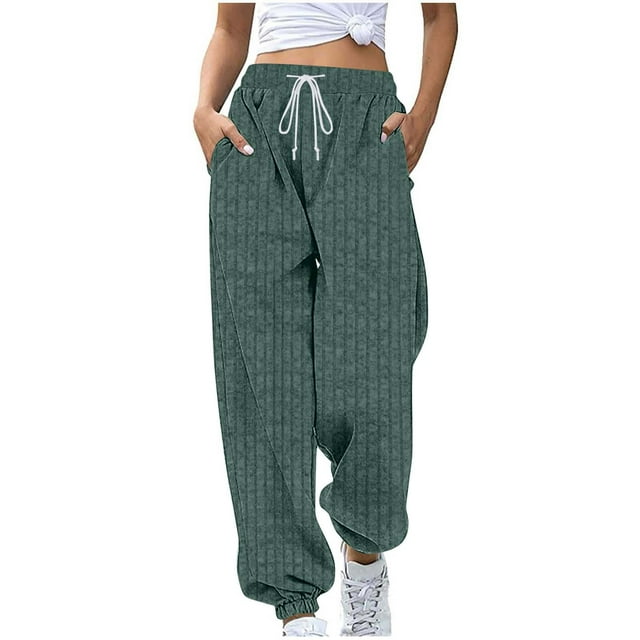Enjoytime Casual Pants for Women Solid Color Drawstring Trousers with Pocket Lounge Loose Workout Sweatpants Navy L
