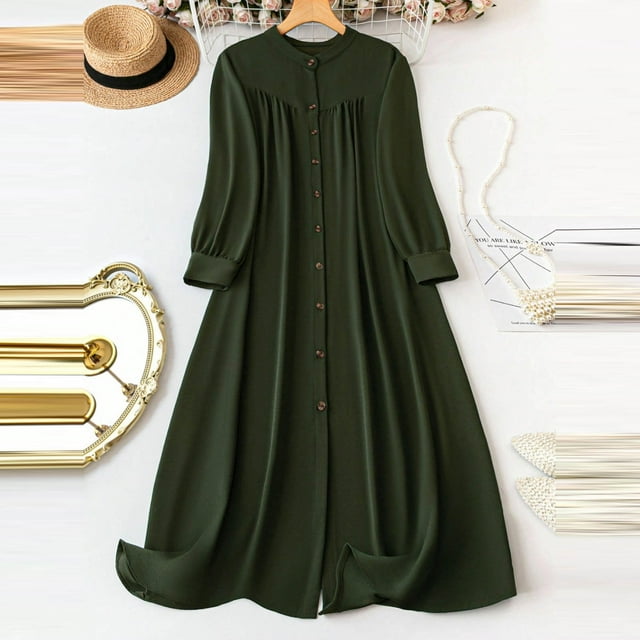 mfyjkho Vestidos casuales para mujer, Vestido de manga larga con cuello en V y botones para mujer Vestidos de fiesta para mujer xxxxl