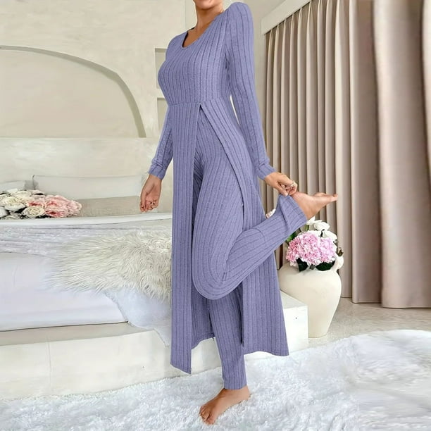 Pincandy Women's Solid Color Pajama Set - Crew Neck Long Sleeve Top & Pants, Casual & Comfortable for Homewear