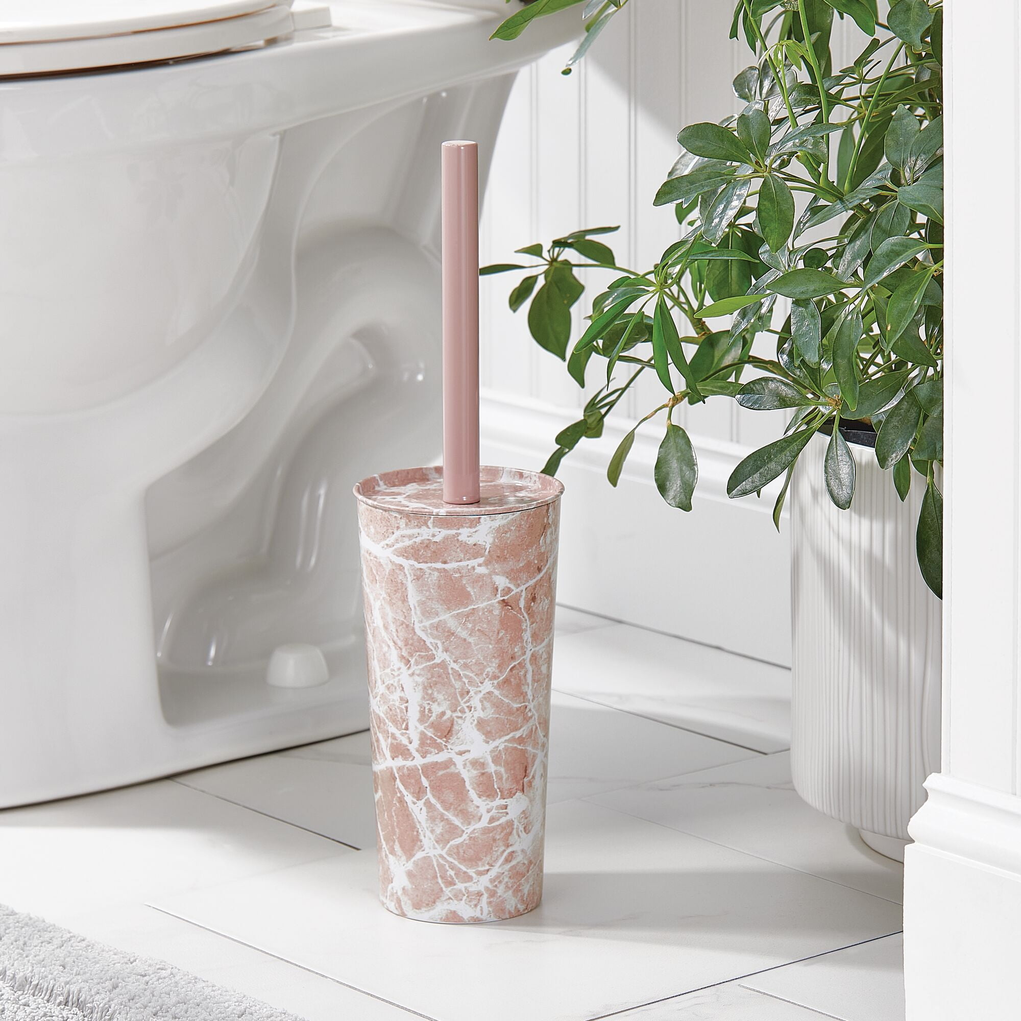 mDesign Stainless Steel Toilet Bowl Brush and Holder Set, Modern Metal Compact Storage Organizer Cleaner Scrubber for Toilet - Heavy Duty Cleaning Plunger for Bathroom, Mirri Collection, Pink Marble