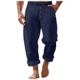 thumbnail image 3 of OSOLU Men's Autumn Beach Pants Solid Color Cott On Linen Loose Drawstring Button Casual Pants Men Trousers Daily Relaxed Fit Breathable Bottoms, 3 of 9