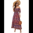 thumbnail image 2 of Vestido Informal, Fluido, con Estampado Floral Bohemio, Hombros Descubiertos, para Mujer (Verano 2025) Fondo Rojo XL, 2 of 9