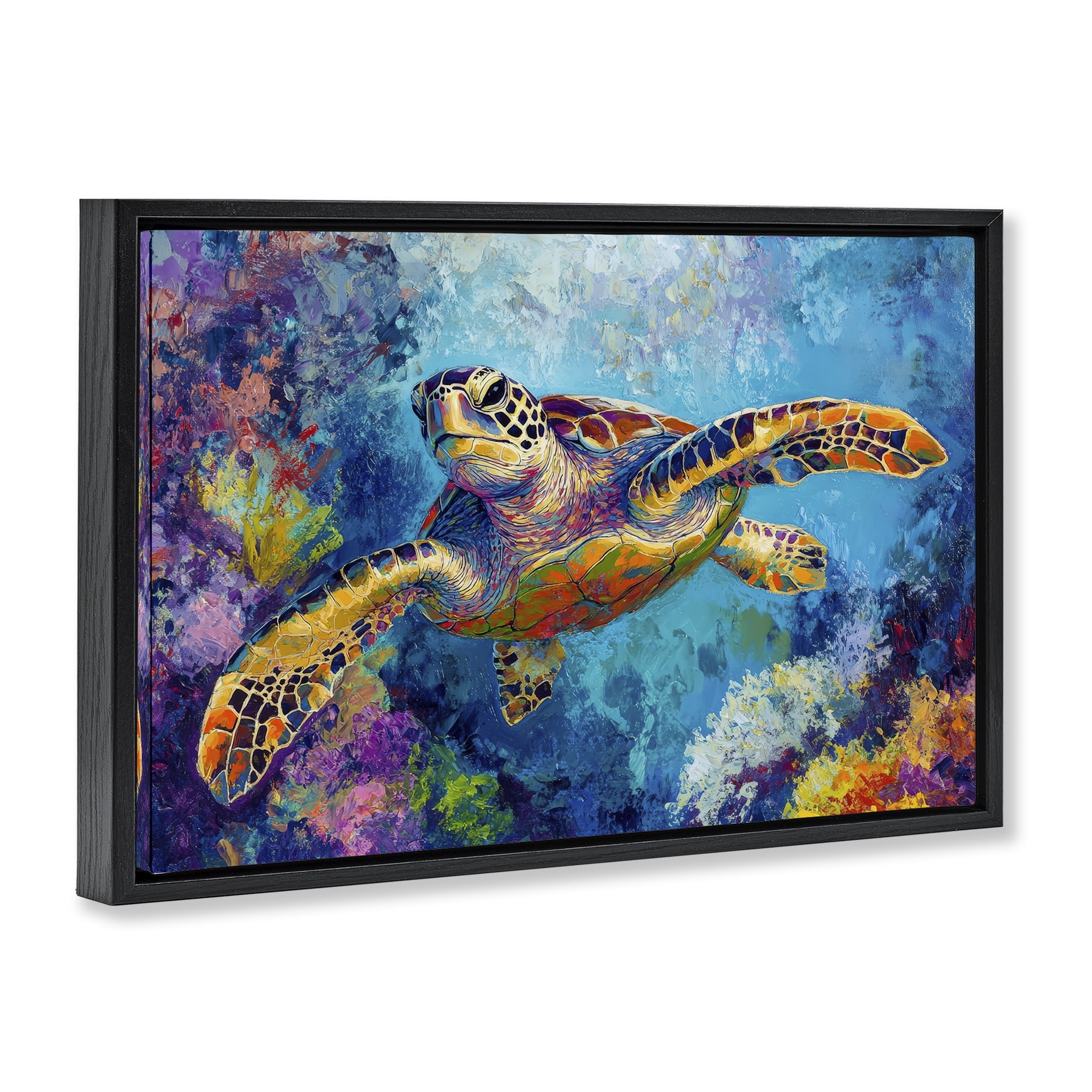 Stupell Industries Colorful Sea Turtle over Coral Black Framed Floater Canvas Wall Art, design by Petal Prints Design