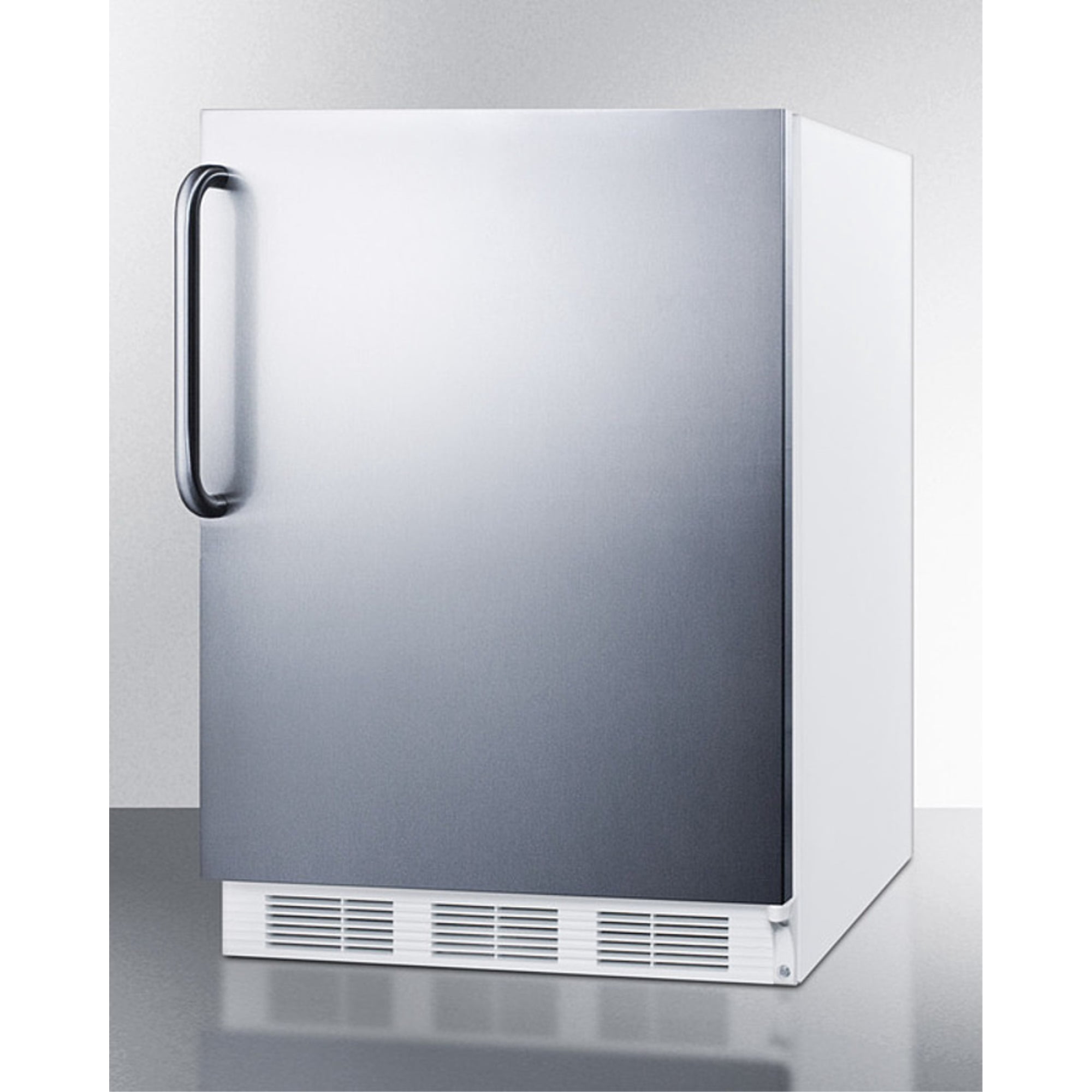 ADA compliant freestanding refrigerator-freezer for residential use, cycle defrost with deluxe interior, SS wrapped door, thin handle, and white cabinet