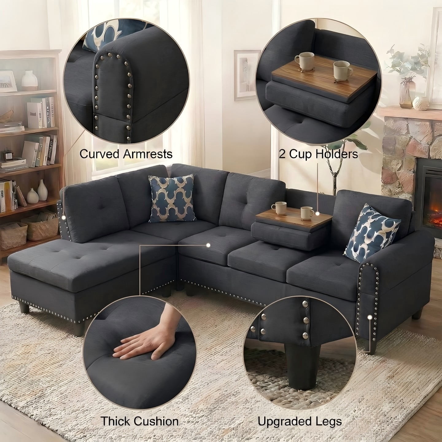 AENKYO 98" L-Shaped Upholstered Sectional Sofa Couch with Storage & Cup Holders, Faux Leather Living Room Sofa Set, Charcoal Gray
