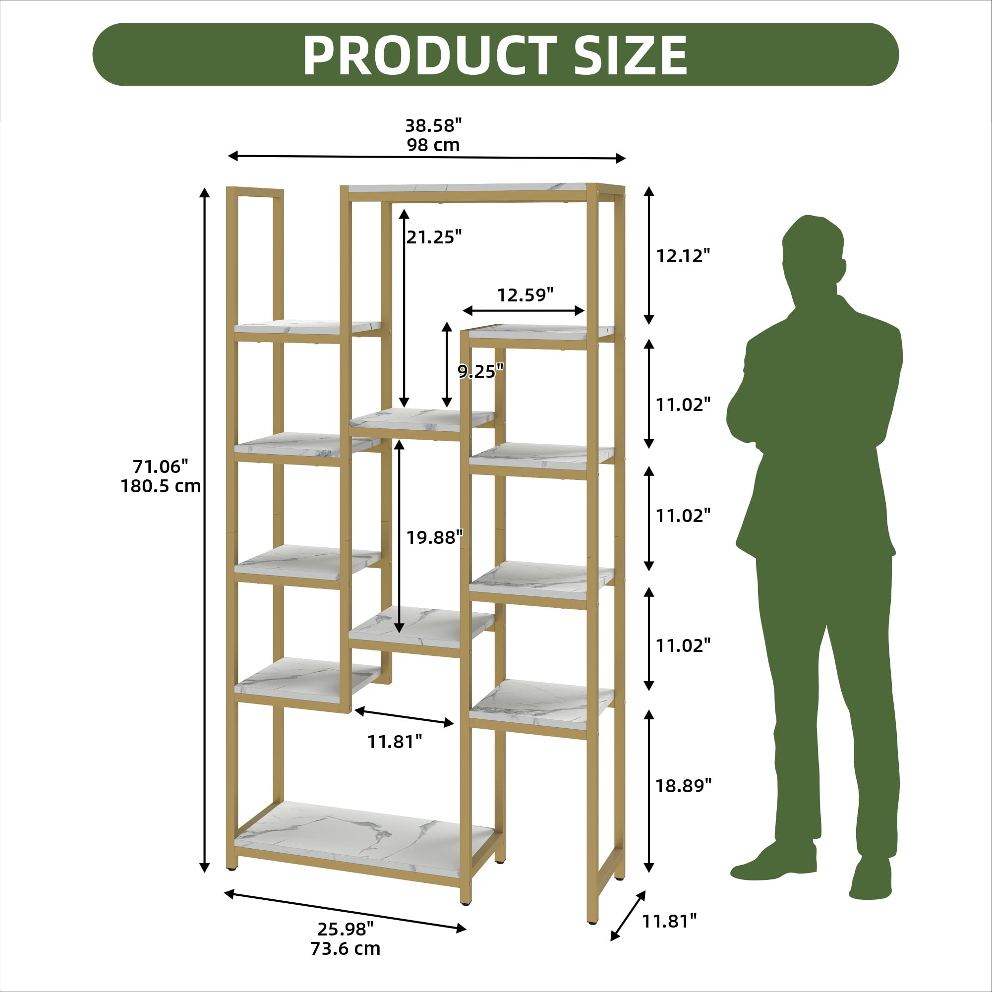 Uforic 71" Tall Bookshelf, 6 Tier Home Office Bookcase, Modern Freestanding Open Display Shelf, Gold