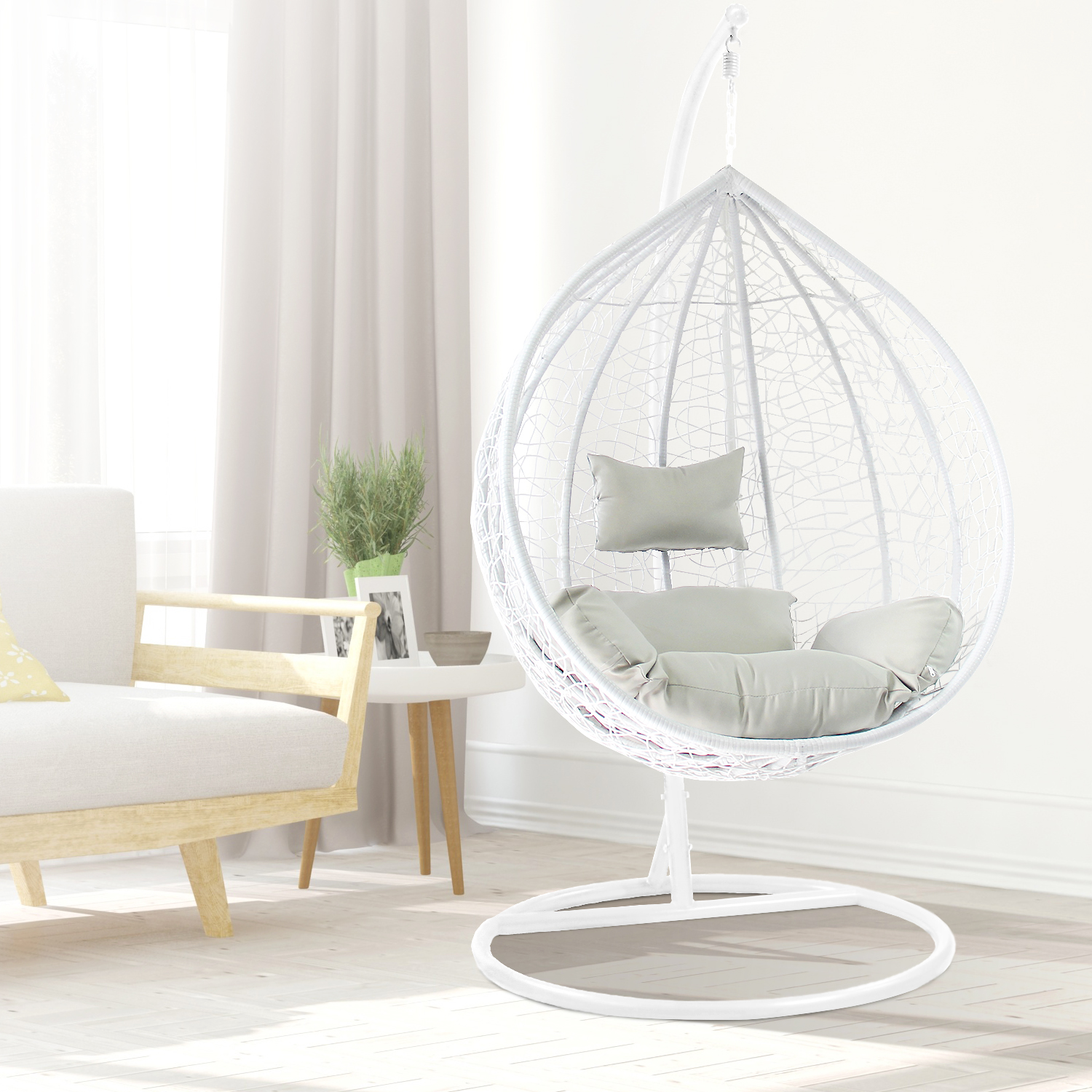 Patio Swing Chair Outdoor Wicker Tear Drop with Gray Cushion Snow White Living Room - image 2 of 8