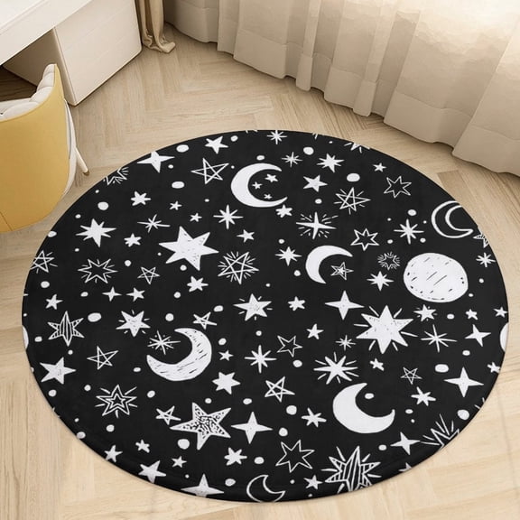 Star Moon Pattern Round Area Rugs for Bedroom Living Room, 4FT Soft Indoor Circle Carpets, Carpet Home Decor Floor Mat