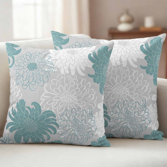 Pack of 2 Outdoor Pillow Covers,Waterproof Turquoise White Floral Throw Pillow Covers,Elegant Chrysanthemum Farmhouse Decorative Pillowcases Cushion Covers for Couch Pillow Sham Protector 16x16 Inch