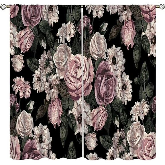 Black Floral Blackout Curtain, Vintage Boho Rose Blossom Plant Leaves Women Girls Window Curtains For Cafe Bedroom Office Dining Room Living Room Kitchen Drapes 42"W x 96"L (Pack of 2)