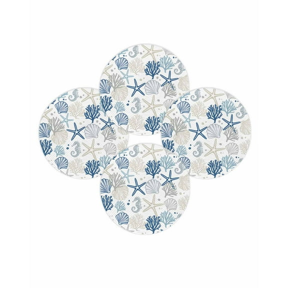 Round Placemats Set of 4 Blue Starfish Place Mats Washable Woven Placemat Shell Coral Marine Life Circle Braided Table Mat for Kitchen Dining Table Party Home Decor 15 Inch