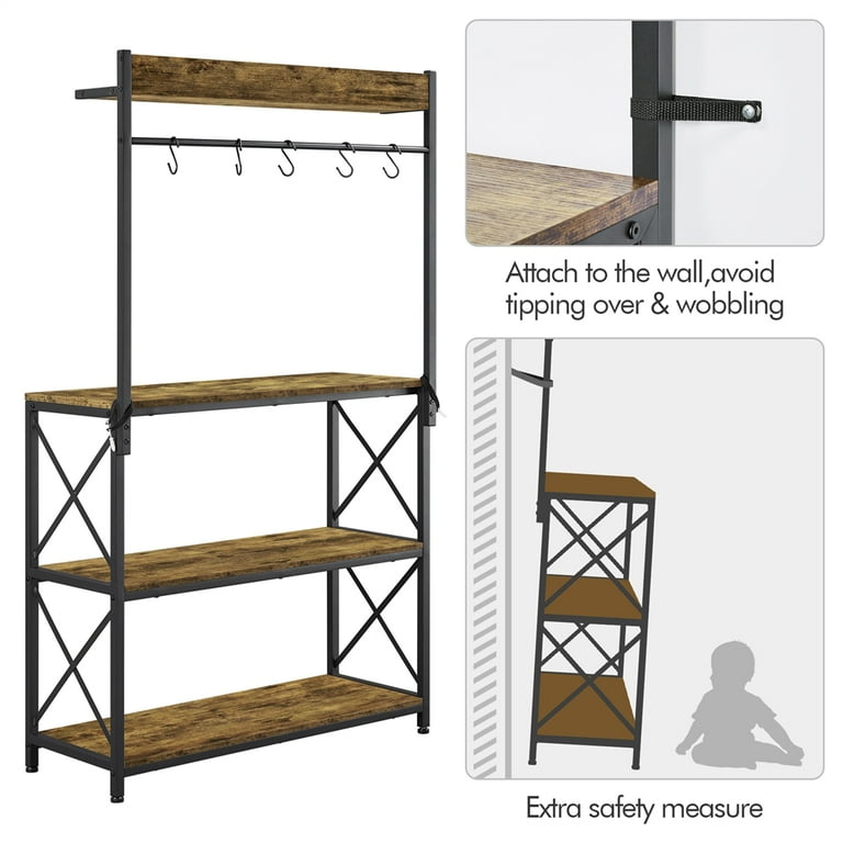 Smilemart 4-Tier Bakers Rack Kitchen Storage Shelf with S-Hooks, Rustic Brown