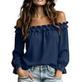thumbnail image 2 of ClodeEU Women's Off Shoulder Long Sleeve Blouse, Casual Solid Color Top with Ruffled Trim Navy,Women's Plus S, 2 of 8