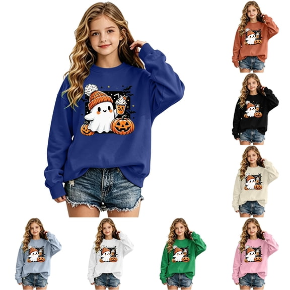 Girls Halloween Print Crewneck Sweatshirt Long Sleeve Casual Pullover For Kids