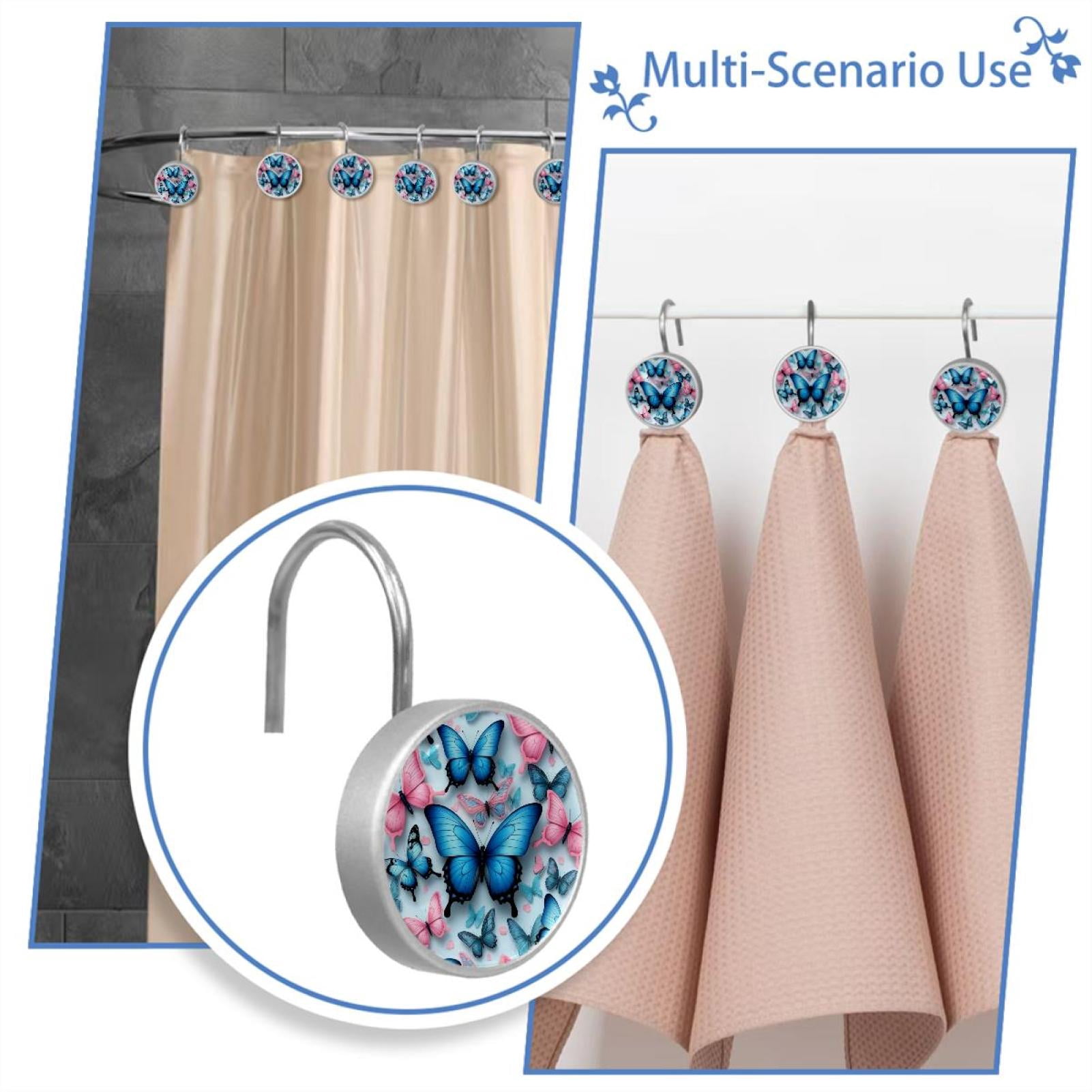 HemaKayy 12 Pcs Shower Curtain Hooks Bathroom Decorative Accessories Blue Pink Cardboard Butterfly