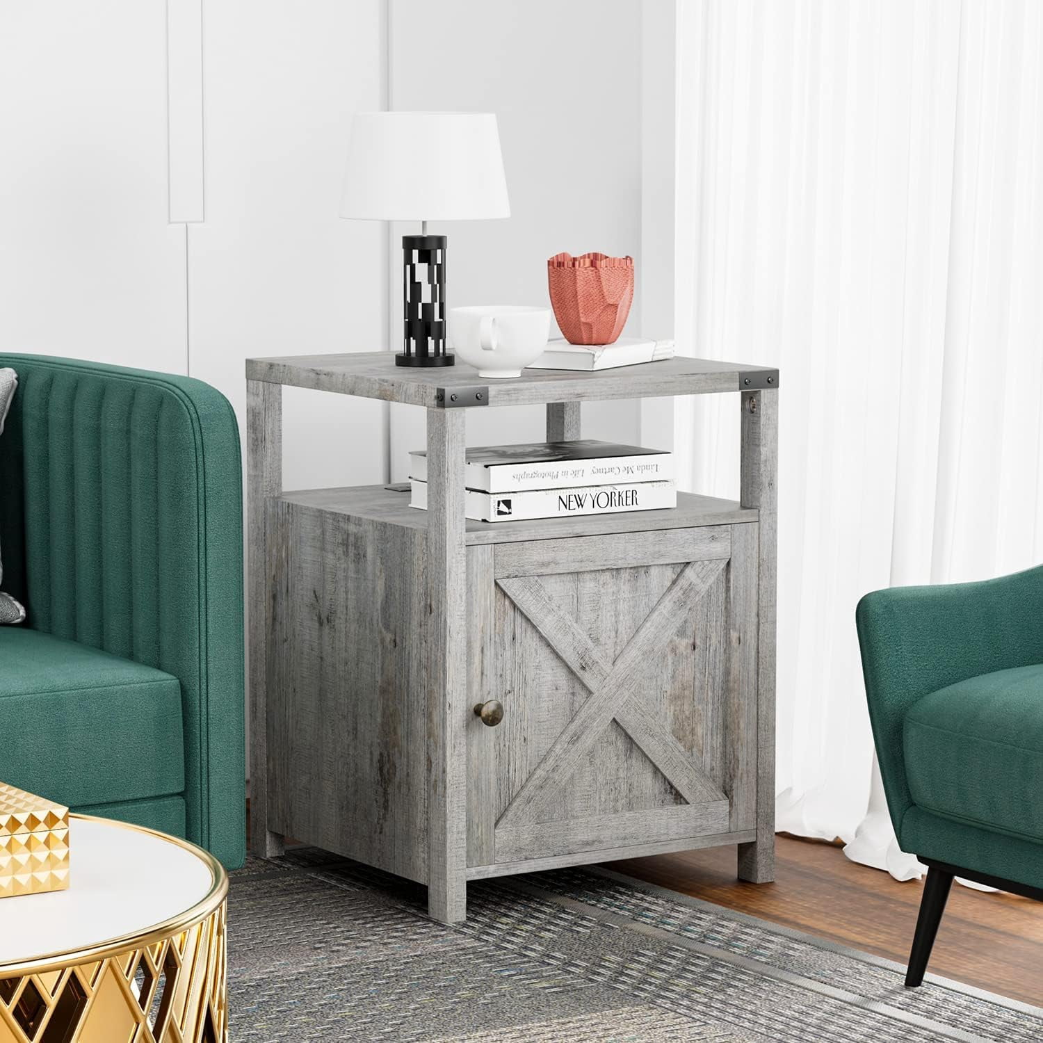 VEANERWOOD Farmhouse Nightstand with Charging Station,Living Room Side Table,Grayish White