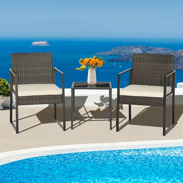 Costway 3pcs Patio Furniture Set Heavy Duty Cushioned Wicker Rattan