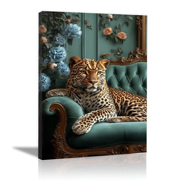 Mudket Leopard on Emerald Green Velvet Sofa Canvas Wall Art, Vintage French Luxury Wall Pictures for Living Room Print for Apartment Home Decor , Framed Ready to Hang - 12"L x 8"W