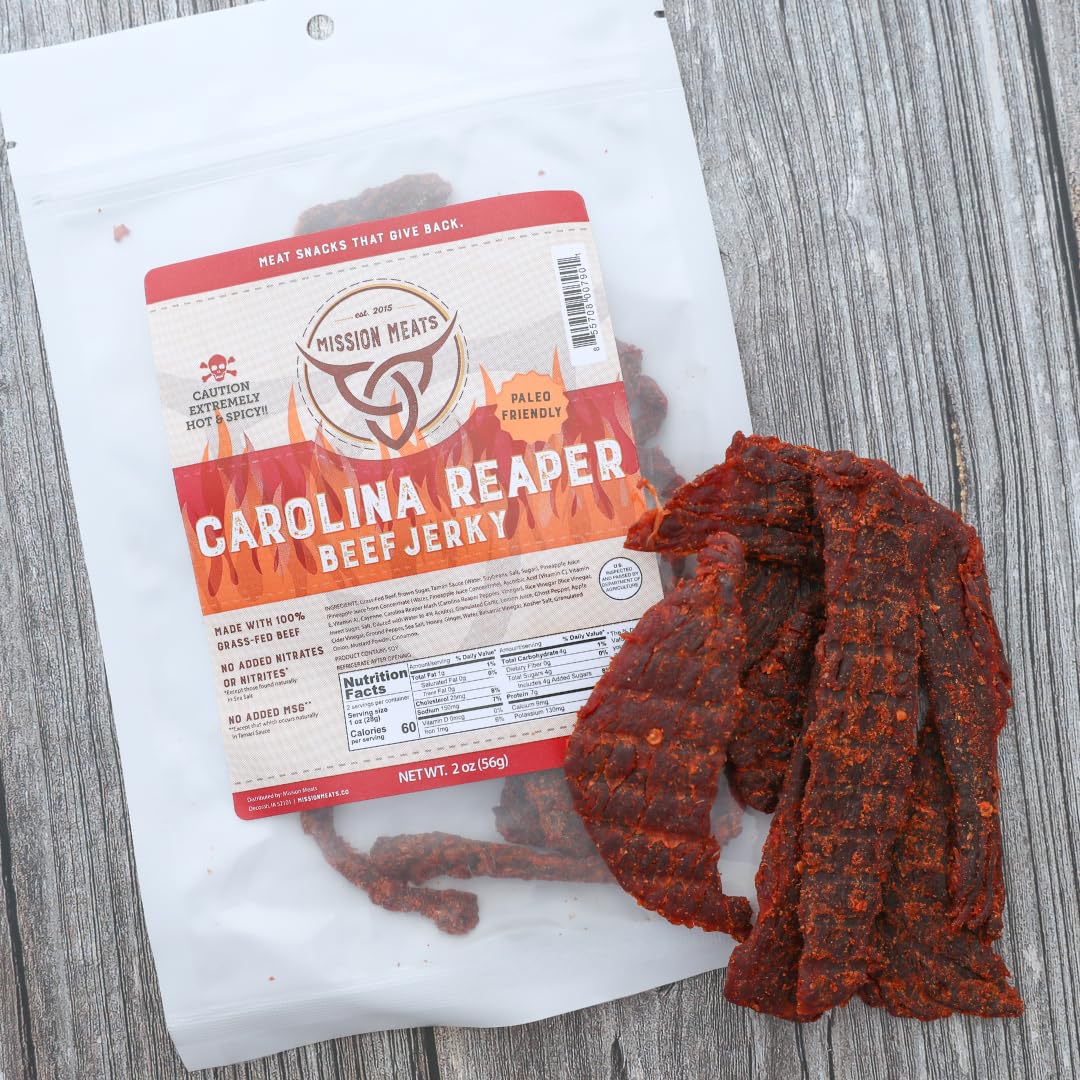 Mission Meats Carolina Reaper Jerky from 100% Grass Fed & Pasture Raised Beef, Caution: Extremely Spicy, Small Batch Hand Crafted, Gluten Free, 2oz (Pack of 3)