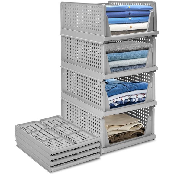 4-Pack Folding Wardrobe Storage Box Plastic Drawer Organizer Stackable Shelf Baskets Cloth Closet Container Bin Cube Home Office Bedroom Laundry Pull Out Drawer Dividers for Clothes,Toys Organization Grey