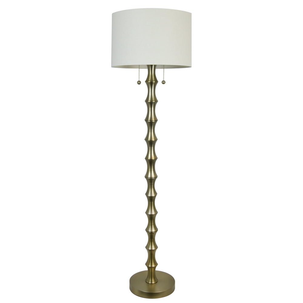 58.5" Plated Gold Bamboo Inspired Floor Lamp w/ Beige Fabric Drum Shade